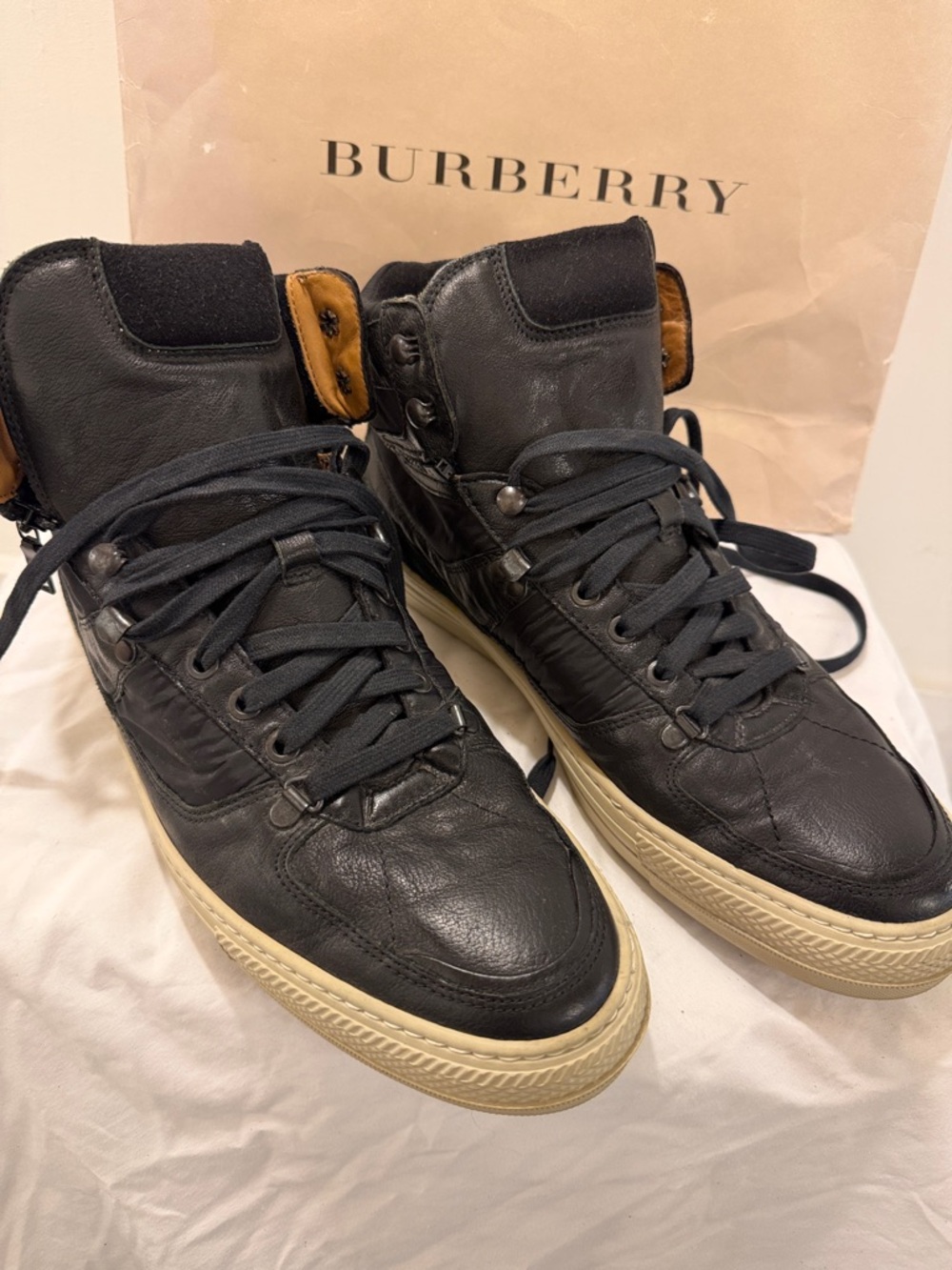 Burberry Black Leather High-Top Sneakers with Cream Soles